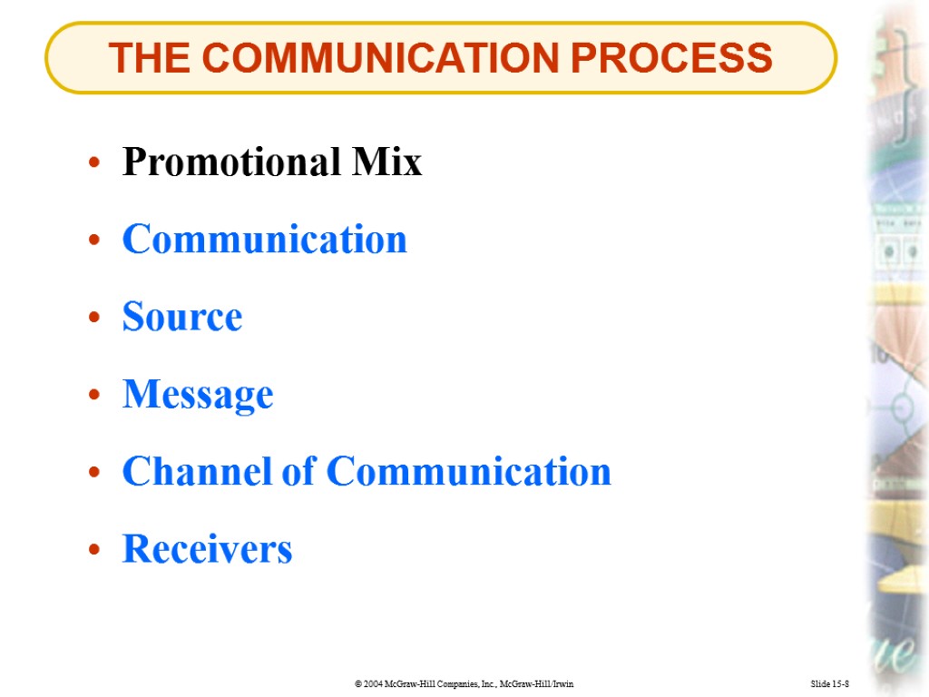 THE COMMUNICATION PROCESS Slide 15-8 Communication Source Message Channel of Communication Receivers Promotional Mix